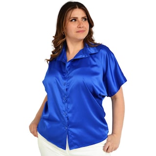 Foto 1 | Blusa Camisera De Satín Roman Fashion Tallas Extras 4924 color Azul