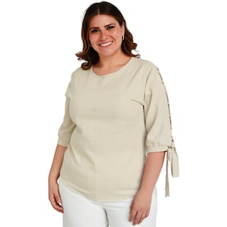 Foto 1 | Blusa de Lino Roman Fashion Tallas Extras 1815 Beige con Perlas