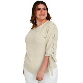 Foto 2 | Blusa de Lino Roman Fashion Tallas Extras 1815 Beige con Perlas