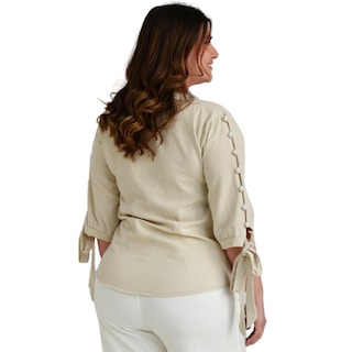 Foto 3 | Blusa de Lino Roman Fashion Tallas Extras 1815 Beige con Perlas