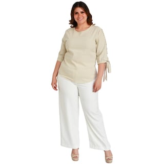 Foto 5 | Blusa de Lino Roman Fashion Tallas Extras 1815 Beige con Perlas