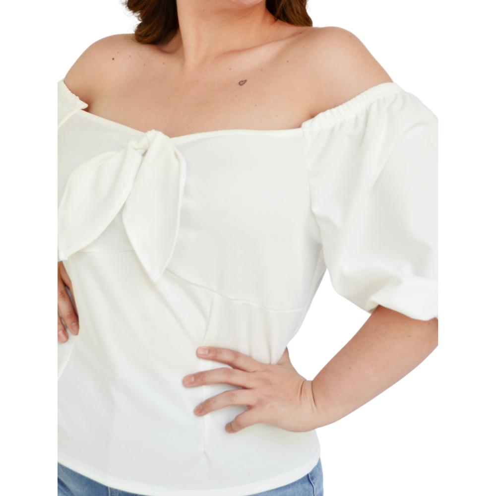 Foto 4 | Blusa Campesina con Nudo Roman Fashion color Blanco para Mujer