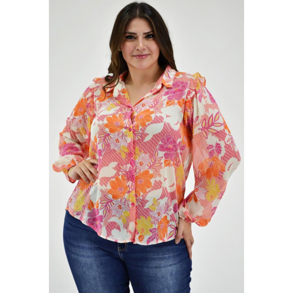 Blusa De Chiffon Estampado Roman Fashion /tallas Extras, 2258 (rosa) Rosa