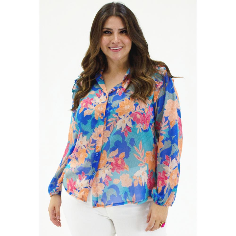 Blusa De Chiffon Estampado Roman Fashion /tallas Extras, 2258 (azul Claro) Azul