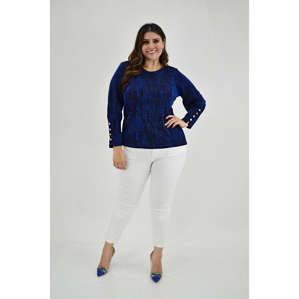 Foto 7 pulgar | Blusa Brillos con Botón Roman Fashion BL-MIC-11816 Azul Tallas Extras