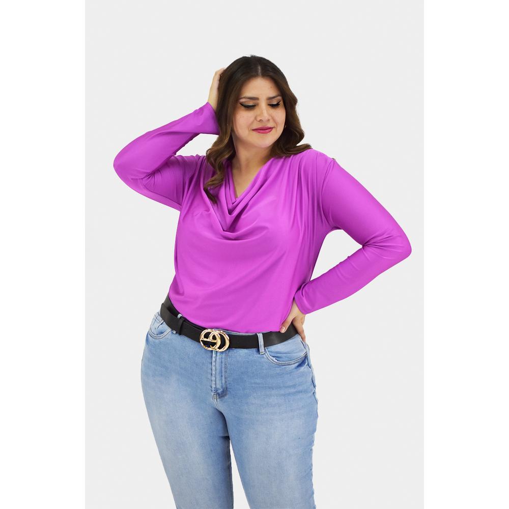 Foto 2 pulgar | Blusa Elegante de Satín Roman Fashion Magenta Tallas Extras para Mujer