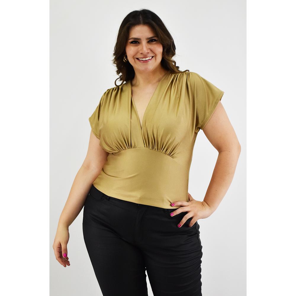 Foto 2 pulgar | Blusa Roman Fashion Satín Cuello V Dorada para Mujer