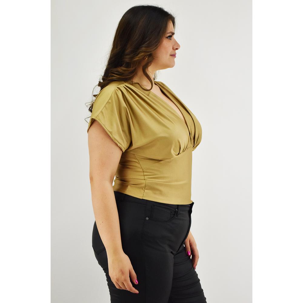 Foto 3 pulgar | Blusa Roman Fashion Satín Cuello V Dorada para Mujer