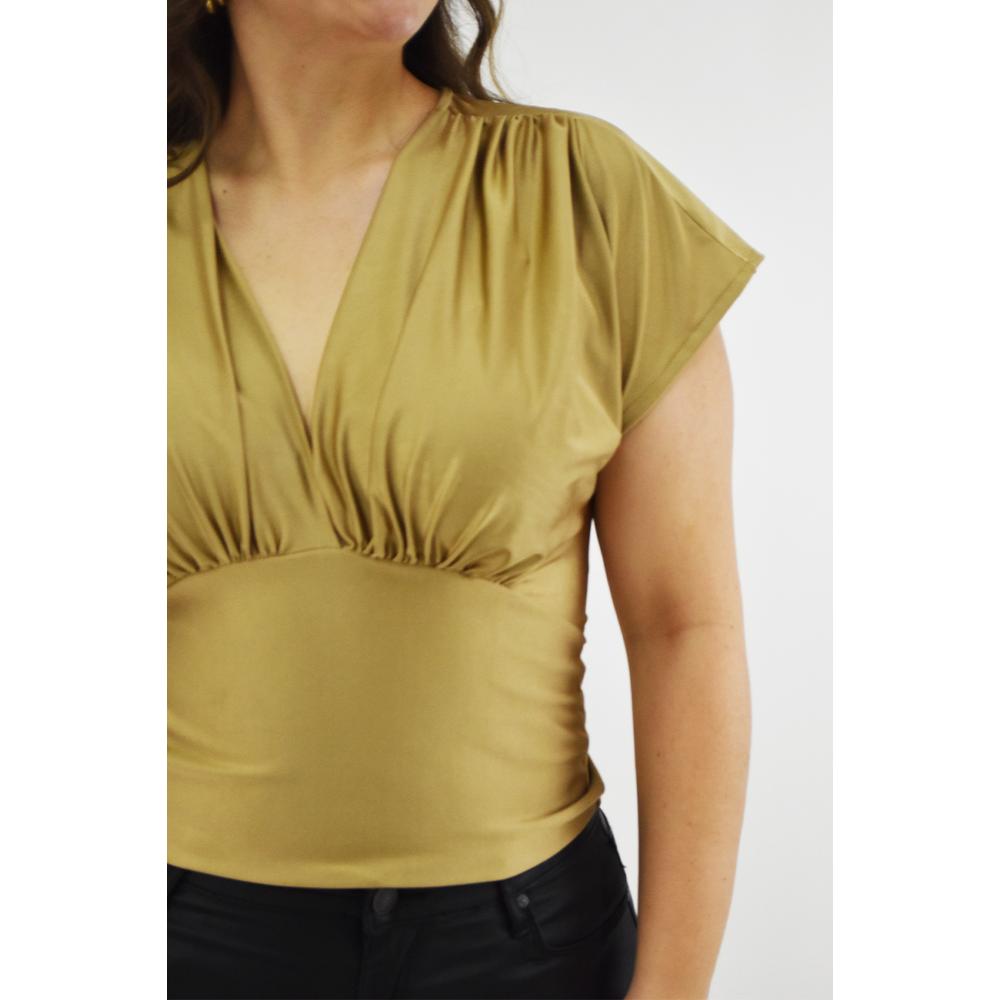 Foto 5 pulgar | Blusa Roman Fashion Satín Cuello V Dorada para Mujer