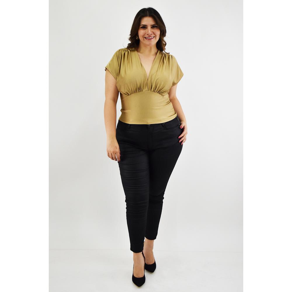 Foto 6 pulgar | Blusa Roman Fashion Satín Cuello V Dorada para Mujer