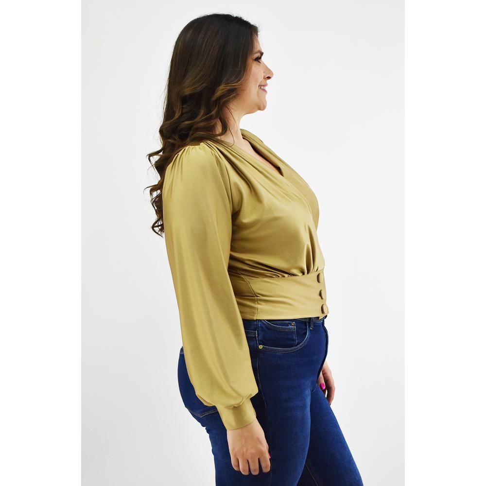 Foto 3 pulgar | Blusa para Mujer Roman Fashion Satín Escote Cruzado Tallas Extras Dorado