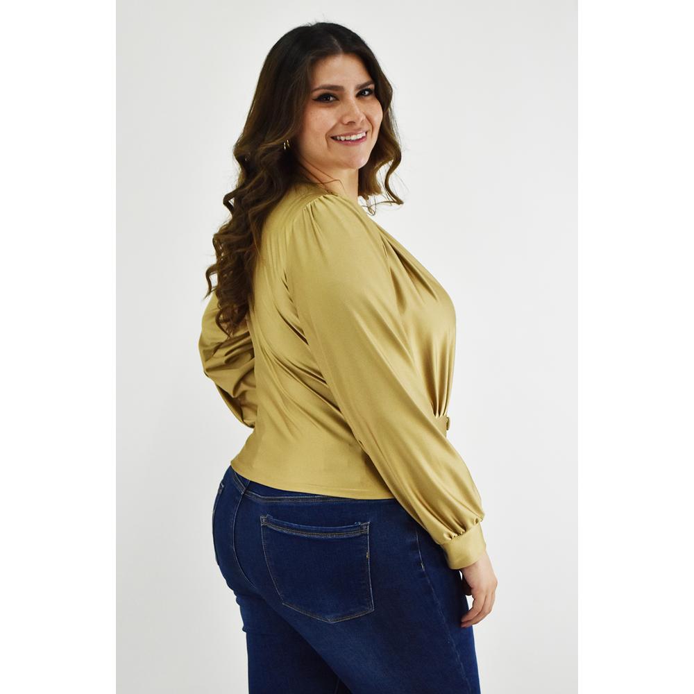 Foto 4 pulgar | Blusa para Mujer Roman Fashion Satín Escote Cruzado Tallas Extras Dorado