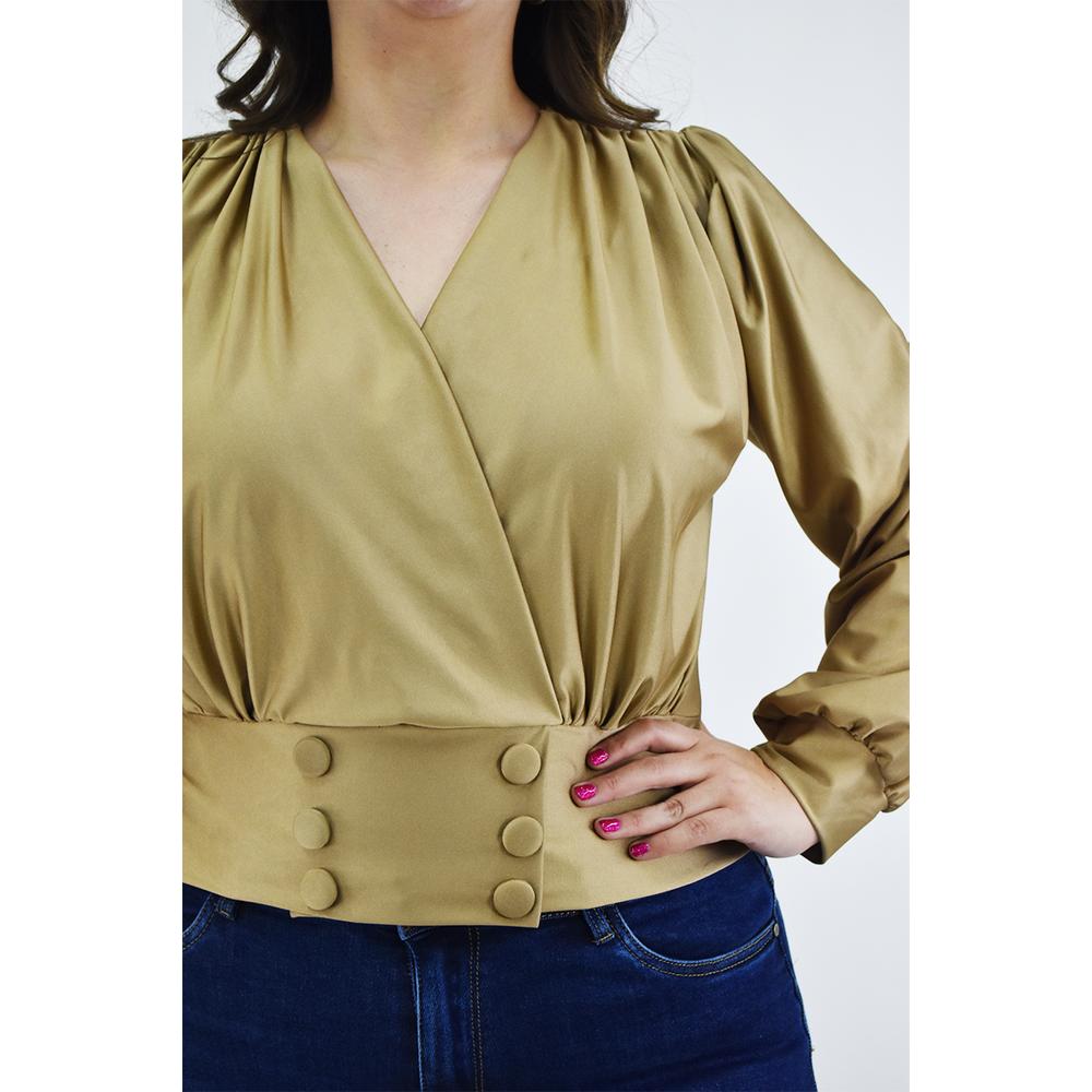 Foto 5 pulgar | Blusa para Mujer Roman Fashion Satín Escote Cruzado Tallas Extras Dorado