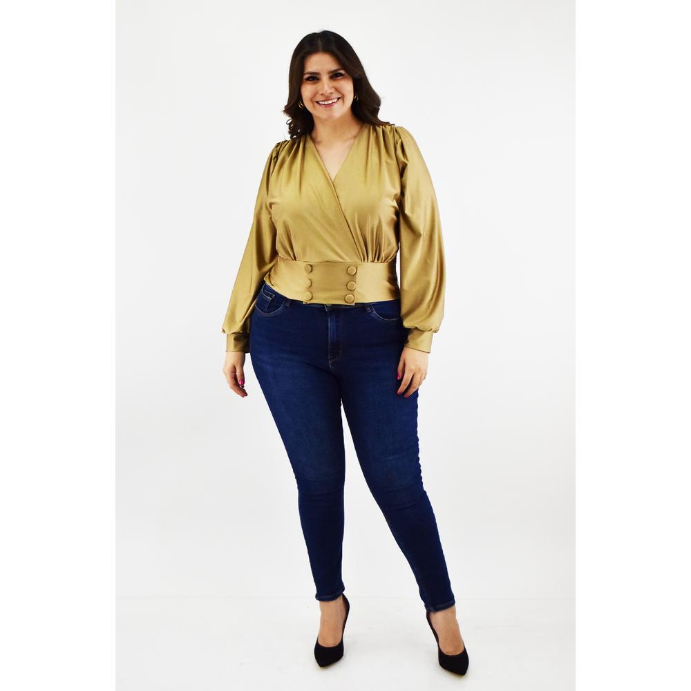 Foto 6 pulgar | Blusa para Mujer Roman Fashion Satín Escote Cruzado Tallas Extras Dorado