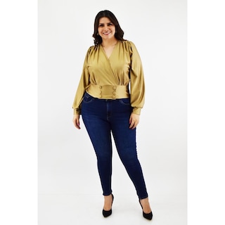 Foto 5 | Blusa para Mujer Roman Fashion Satín Escote Cruzado Tallas Extras Dorado