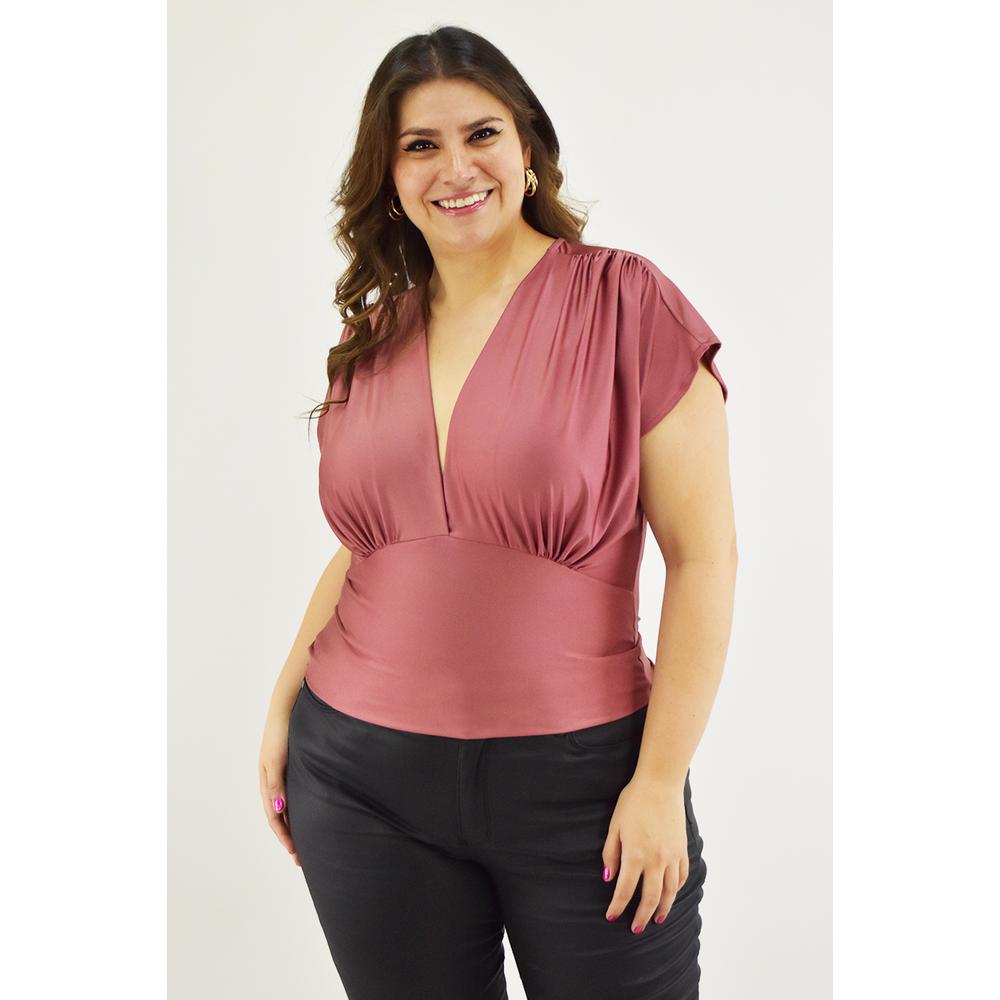 Blusa de Satín Cuello V Roman Fashion Rosa para Mujer