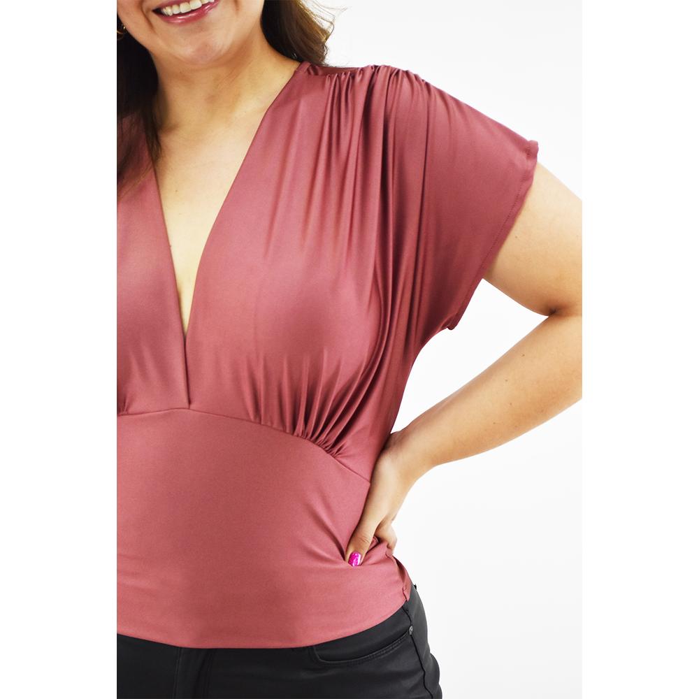 Foto 5 pulgar | Blusa de Satín Cuello V Roman Fashion Rosa para Mujer