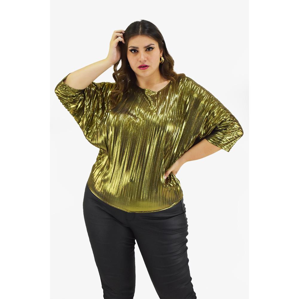 Foto 2 pulgar | Blusa Plisada Roman Fashion Dorada Tallas Extras para Mujer