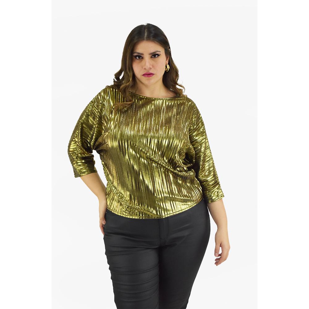 Foto 6 pulgar | Blusa Plisada Roman Fashion Dorada Tallas Extras para Mujer