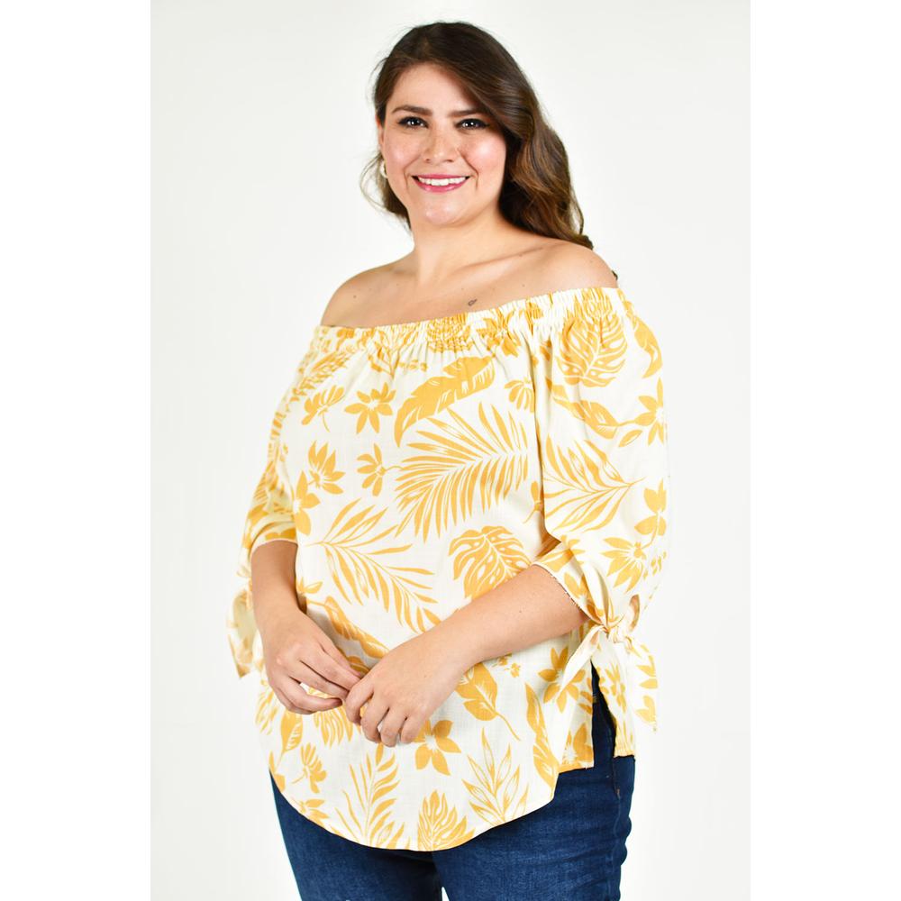 Foto 2 pulgar | Blusa Escote Campesino Roman Fashion Tallas Extras Blanco con Beige para Mujer
