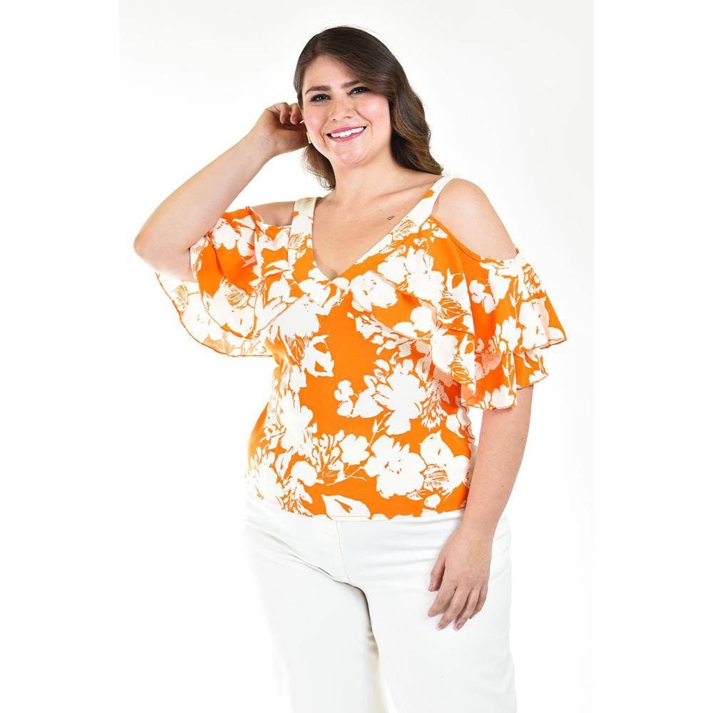 Foto 2 pulgar | Blusa Manga Caída con Olanes Roman Fashion Tallas Extras Naranja para Mujer
