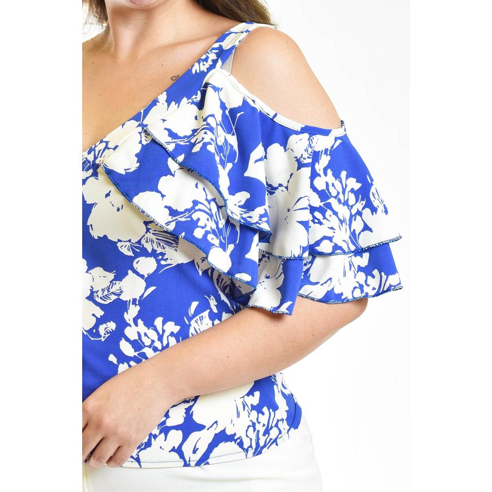 Foto 5 pulgar | Blusa Manga Caída con Holanes Roman Fashion Azul Tallas Extras para Mujer