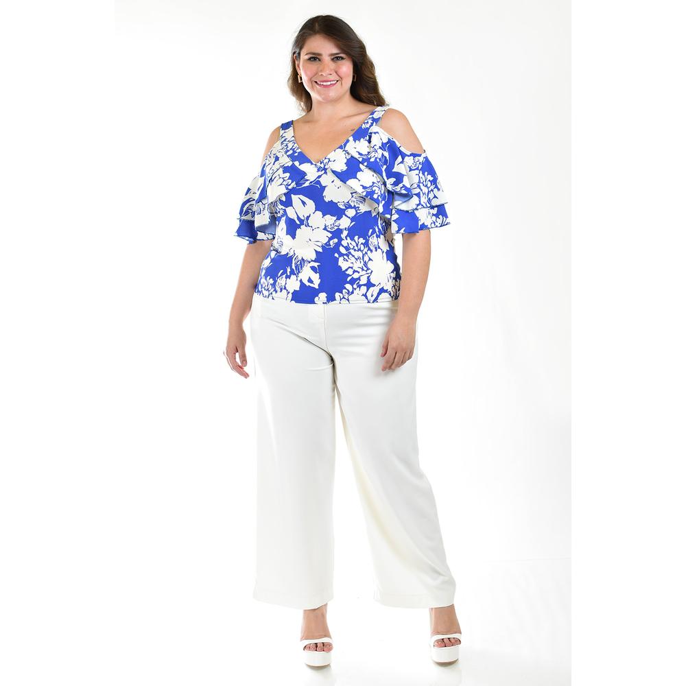Foto 6 pulgar | Blusa Manga Caída con Holanes Roman Fashion Azul Tallas Extras para Mujer