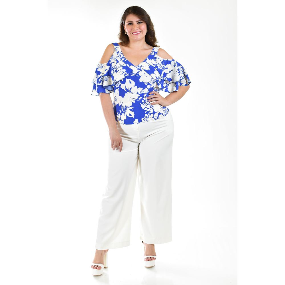 Foto 7 pulgar | Blusa Manga Caída con Holanes Roman Fashion Azul Tallas Extras para Mujer