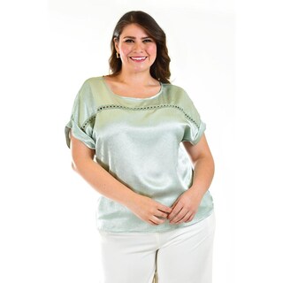 Foto 1 | Blusa Satinada Con Encanje Roman Fashion /tallas Extras, 010 (menta) Verde Claro