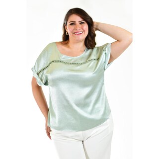 Foto 5 | Blusa Satinada Con Encanje Roman Fashion /tallas Extras, 010 (menta) Verde Claro