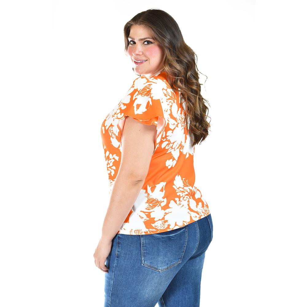 Foto 3 pulgar | Blusa Manga Con Olanes Roman Fashion /tallas Extras, 1843 (naranja Flor) Naranja