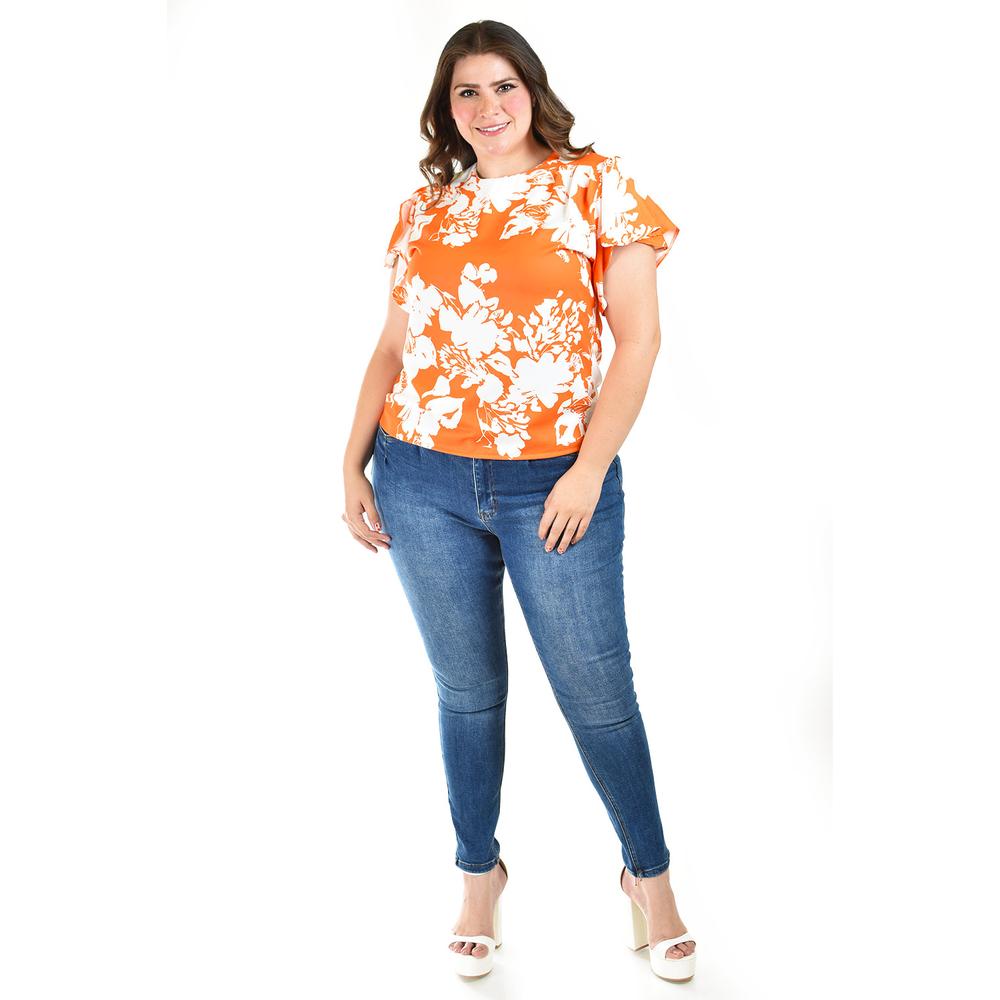 Foto 6 pulgar | Blusa Manga Con Olanes Roman Fashion /tallas Extras, 1843 (naranja Flor) Naranja