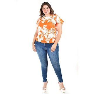 Foto 5 | Blusa Manga Con Olanes Roman Fashion /tallas Extras, 1843 (naranja Flor) Naranja