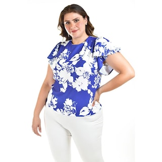 Foto 4 | Blusa Manga Con Olanes Roman Fashion /tallas Extras, 1843 (flor Azul Rey) Azul