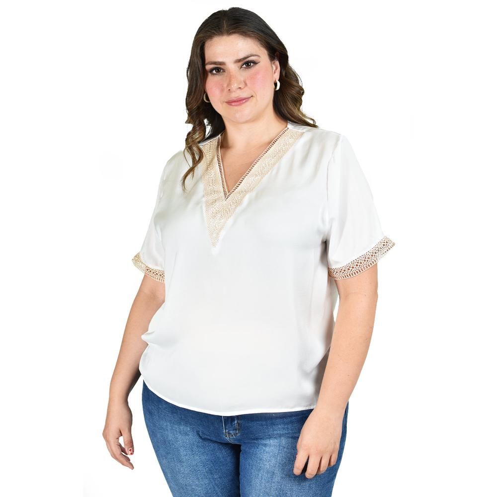 Blusa De Chifon Con Encaje Roman Fashion /tallas Extras, 009 (blanco) Blanco
