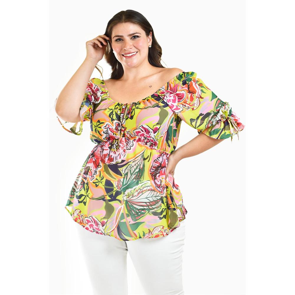 Foto 2 pulgar | Blusa Floreada De Chiffon Roman Fashion /tallas Extras, 1826 (lima Flores) Verde Lima