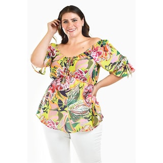 Foto 1 | Blusa Floreada De Chiffon Roman Fashion /tallas Extras, 1826 (lima Flores) Verde Lima