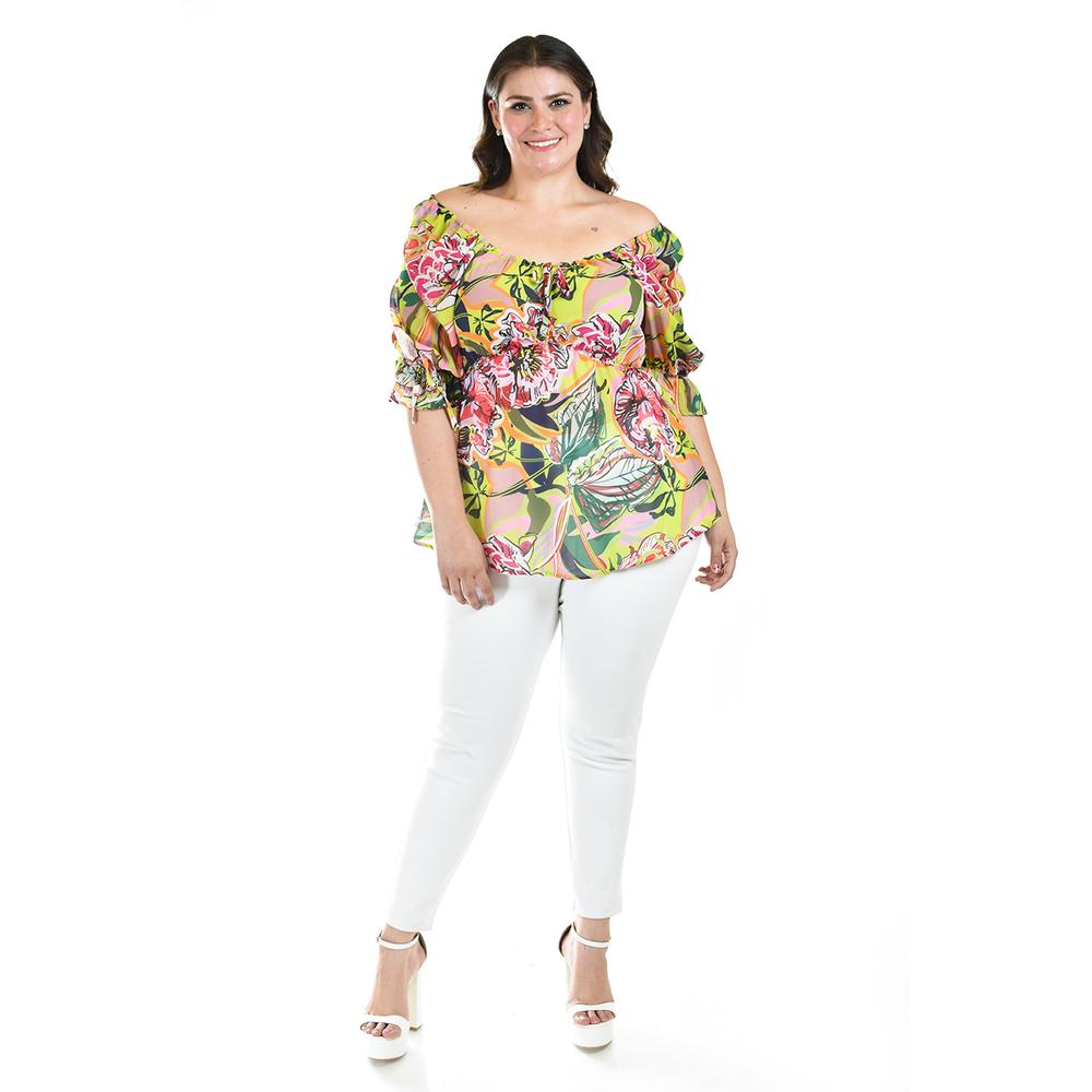 Foto 3 pulgar | Blusa Floreada De Chiffon Roman Fashion /tallas Extras, 1826 (lima Flores) Verde Lima