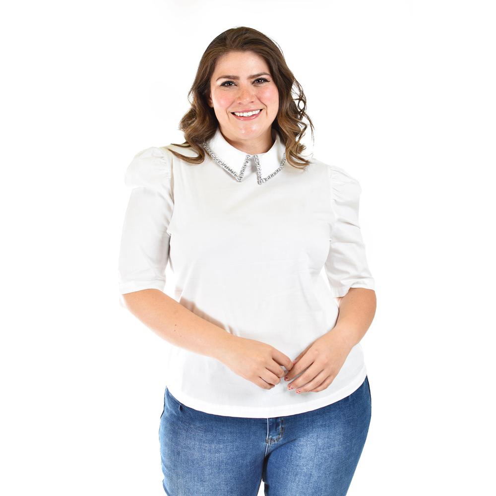 Blusa Cuello Con Pedrería Roman Fashion /tallas Extras, 3988 (blanco) Blanco