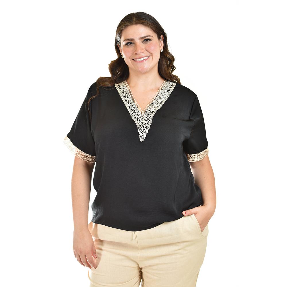 Foto 2 pulgar | Blusa De Chifon Con Encaje Roman Fashion /tallas Extras, 009 (negro) Negro