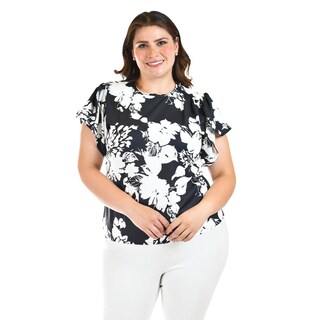 Foto 1 | Blusa Manga Con Olanes Roman Fashion /tallas Extras, 1843 (negro Flor) Negro