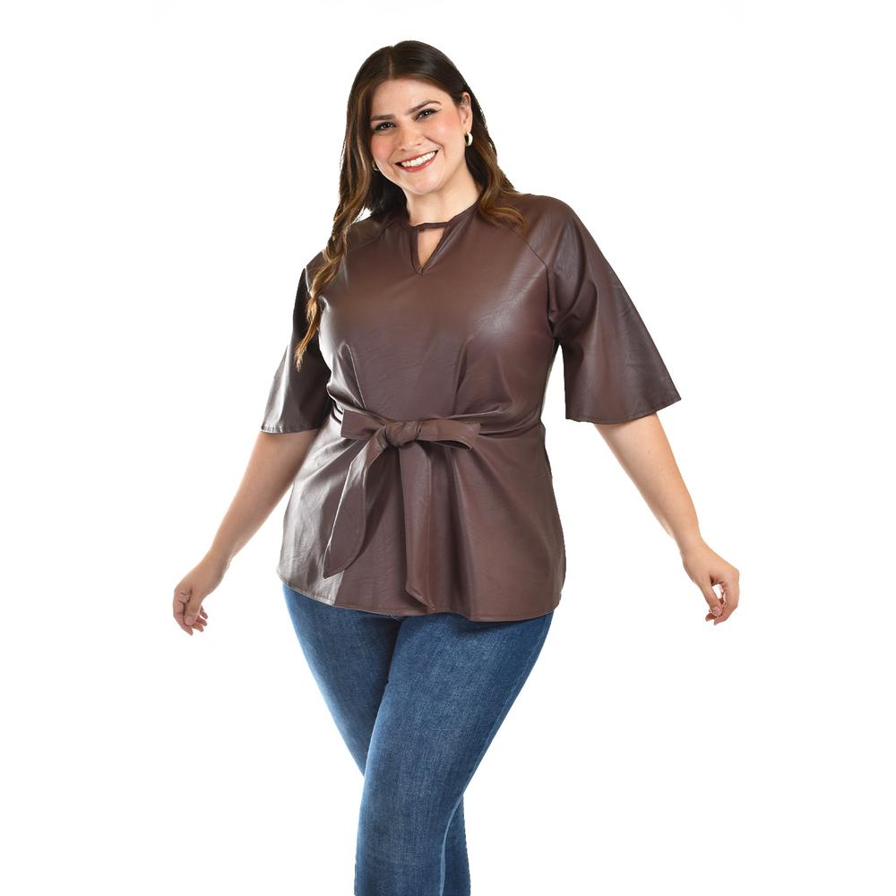 Blusa De Vinipiel Con Laso Roman Fashion /tallas Extras, 1877 (cafe) Cafe