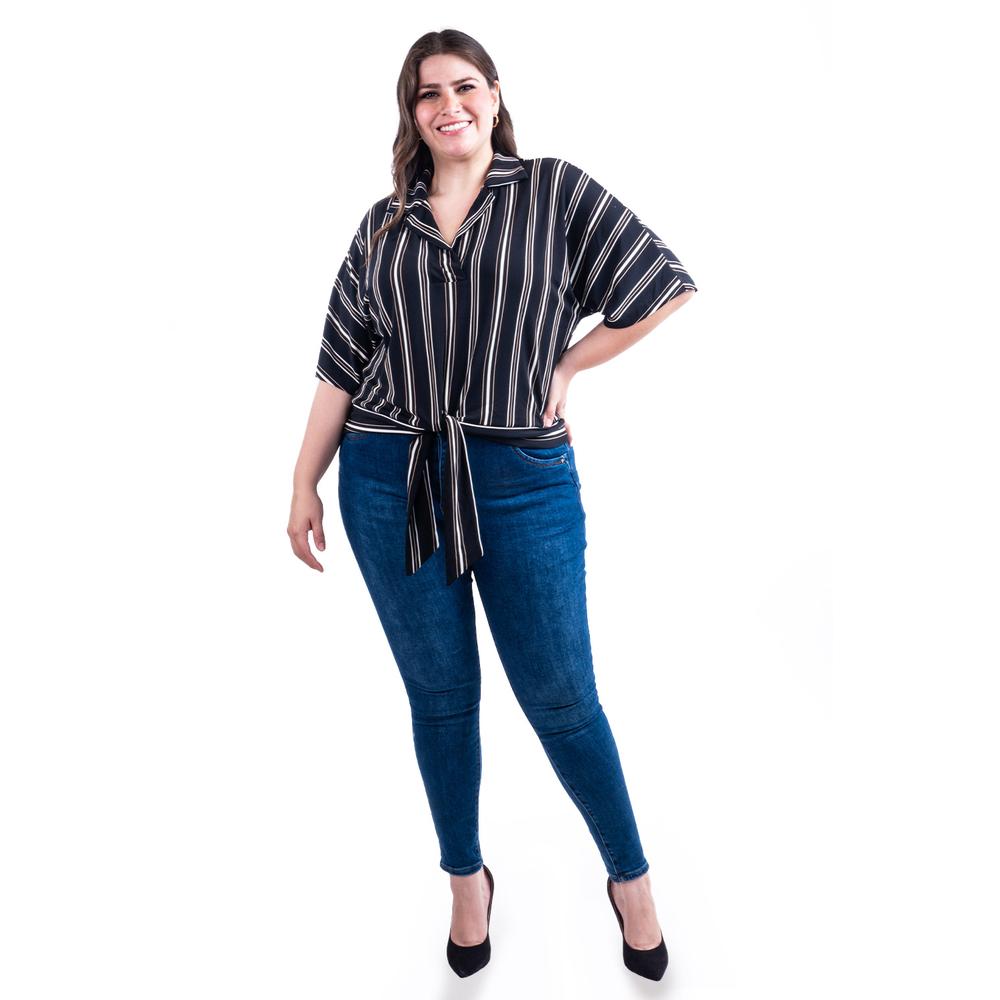 Blusa De Rayas Con Nudo Roman Fashion /tallas Extras, 1000 (negro Rayas) Negro