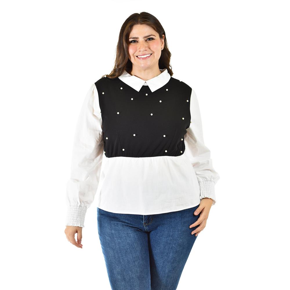 Blusa Con Chaleco De Perlas Roman Fashion /tallas Extras, 5102 (blanco / Negro) Negro