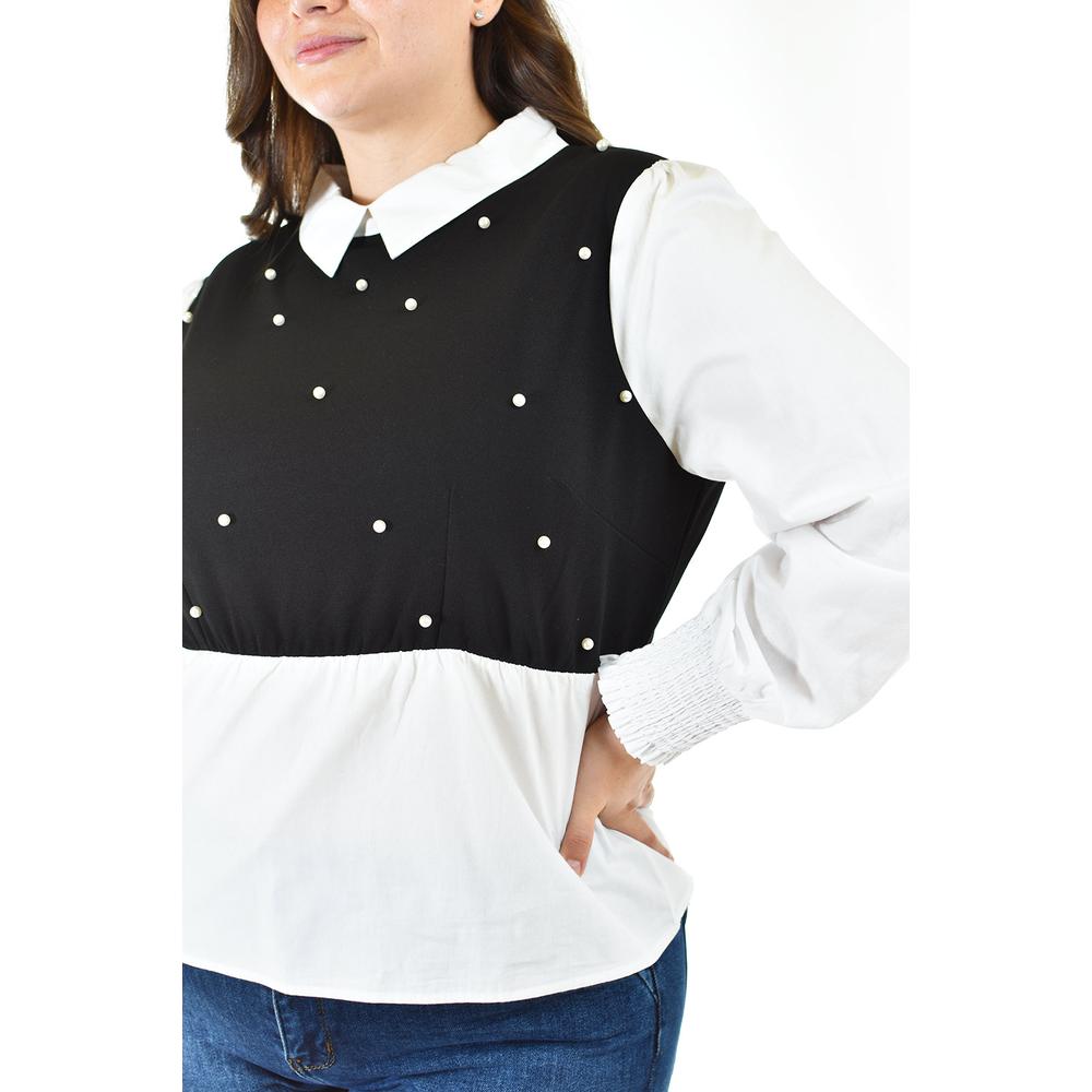 Foto 4 | Blusa Con Chaleco De Perlas Roman Fashion /tallas Extras, 5102 (blanco / Negro) Negro