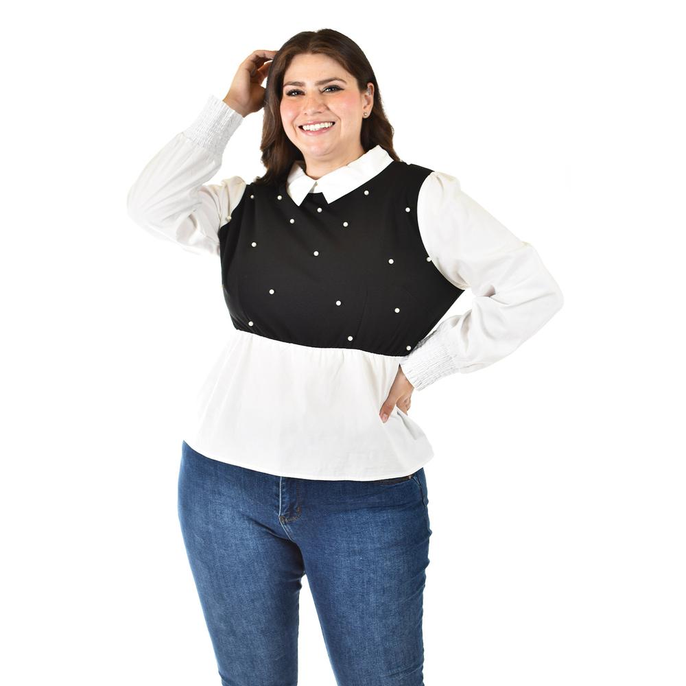 Foto 6 pulgar | Blusa Con Chaleco De Perlas Roman Fashion /tallas Extras, 5102 (blanco / Negro) Negro