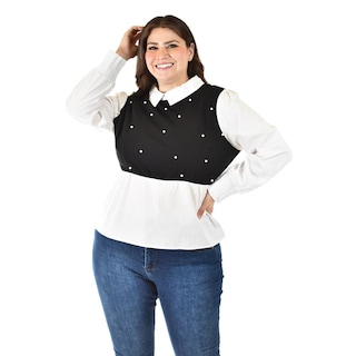 Foto 5 | Blusa Con Chaleco De Perlas Roman Fashion /tallas Extras, 5102 (blanco / Negro) Negro