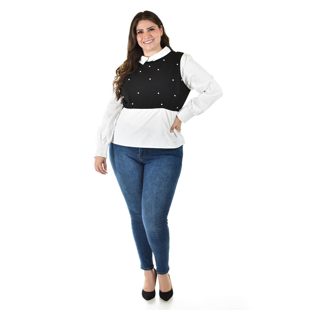 Foto 6 | Blusa Con Chaleco De Perlas Roman Fashion /tallas Extras, 5102 (blanco / Negro) Negro