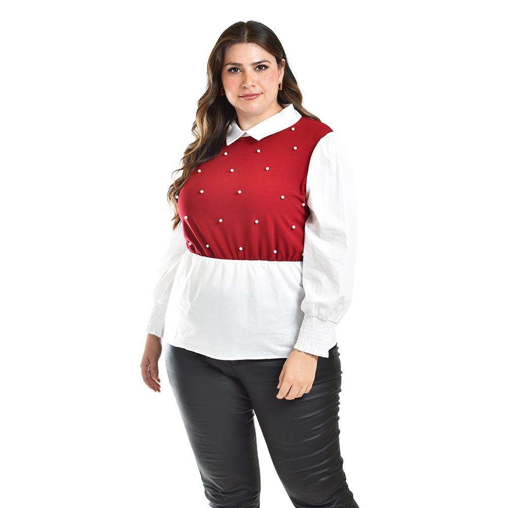 Blusa Con Chaleco De Perlas Roman Fashion /tallas Extras, 5102 (blanco / Vino) Vino