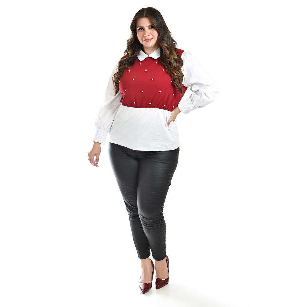 Foto 6 pulgar | Blusa Con Chaleco De Perlas Roman Fashion /tallas Extras, 5102 (blanco / Vino) Vino